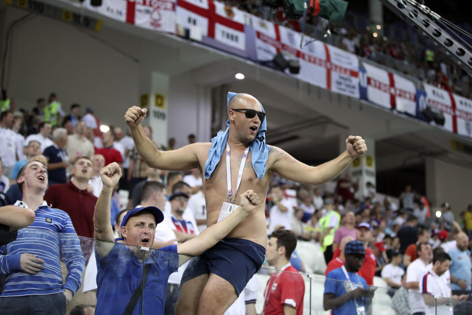<p>England’s fans celebrate prior to the start of the group G match. (AP) </p>