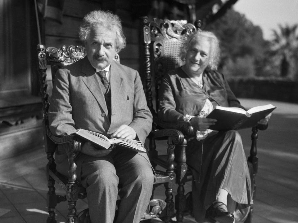 Albert and Elsa Einstein pictured in 1932 while staying at the home of Arthur Fleming in Pasadena while professor Einstein prepares to continue his mathematical studies at the California Institute of Technology.