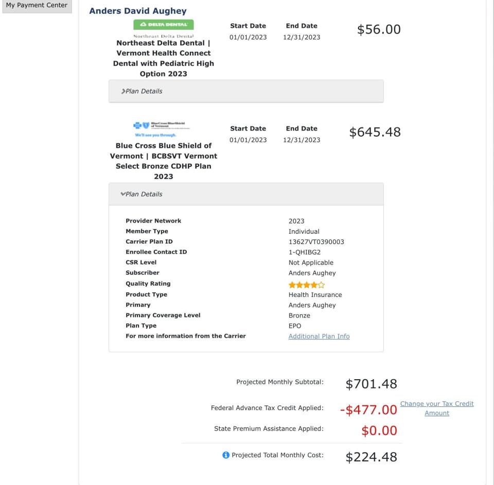 Anders Aughey pays $224.48 monthly for health insurance coverage he found on Vermont Health Connect.