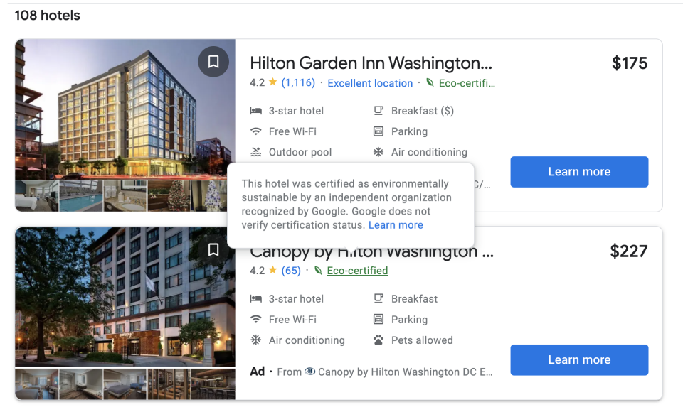 Google is adding an Eco-certified tag next to hotels with sustainable practices.