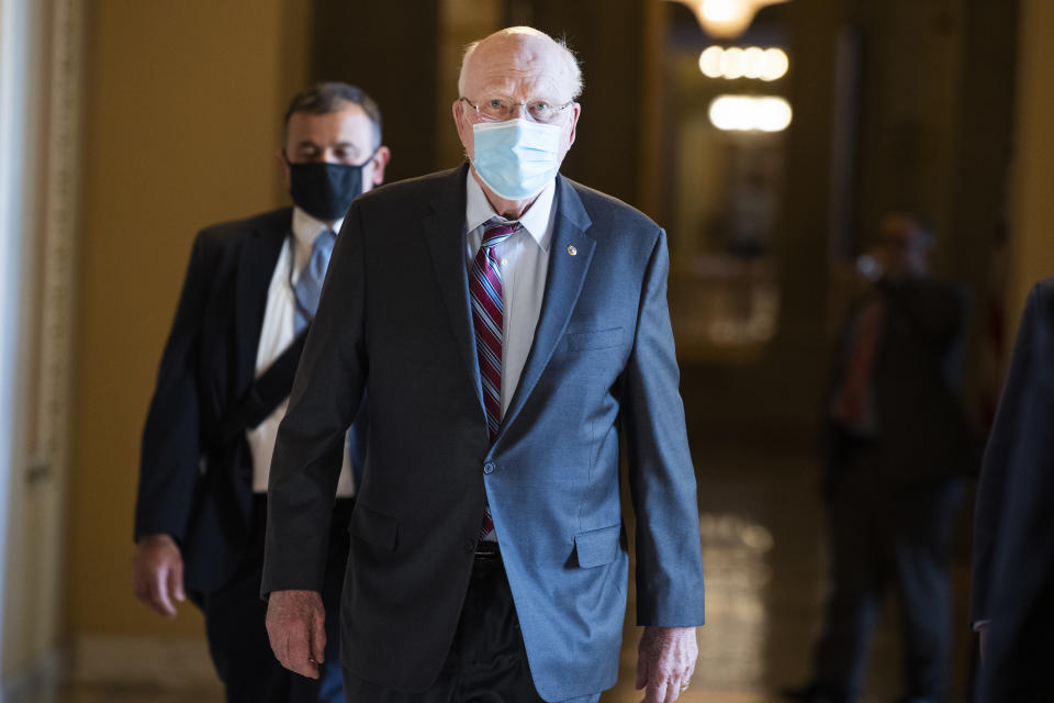 Sen. Patrick Leahy outside the chamber as the Senate debates the coronavirus relief package on Friday. (Tom Williams/CQ-Roll Call via Getty Images)