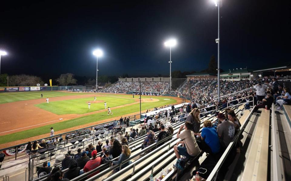 Modesto Nuts played their first home game with Lake Elsinore in front of a crowd of 1500 fans at John Thurman Field in Modesto, Calif., Tuesday, April 9, 2024. Andy Alfaro/aalfaro@modbee.com