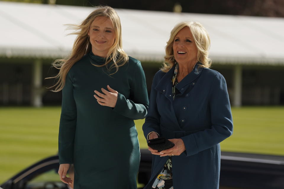 The First Lady of the United States, Jill Biden, right, and her grand daughter Finnegan Biden arrive at Buckingham Palace in London Friday May 5, 2023, for a reception hosted by Britain's King Charles III, for overseas guests attending his coronation. (Jacob King, Pool via AP)