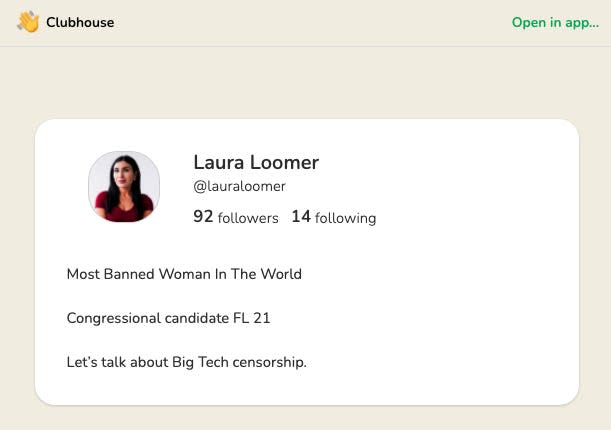 Laura Loomer Clubhouse Profile Screenshot