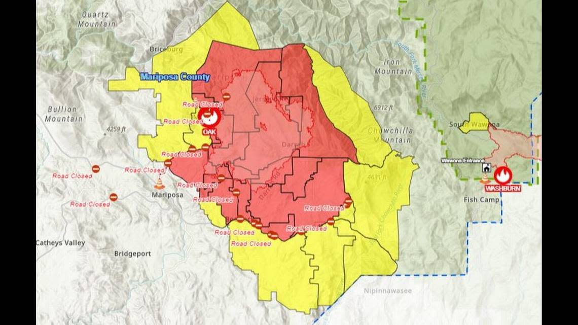 The Oak Fire has burned 16,791 acres near Mariposa since it started on Friday and is 10% contained, Cal Fire said in a Monday, July 25, 2022, morning update. Red areas are those for which mandatory evacuations are in effect. Yellow areas are under evacuation warnings.