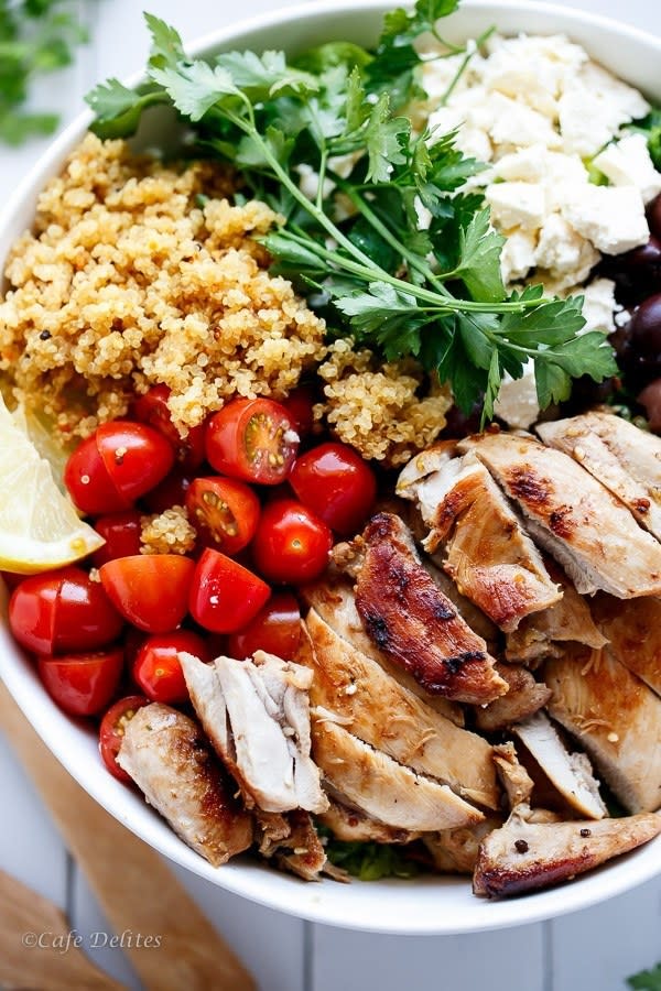 chicken, quinoa, and veggies in a bowl