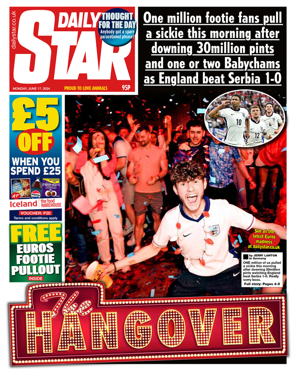 The headline on the front page of the Daily Star reads: "The Hangover"