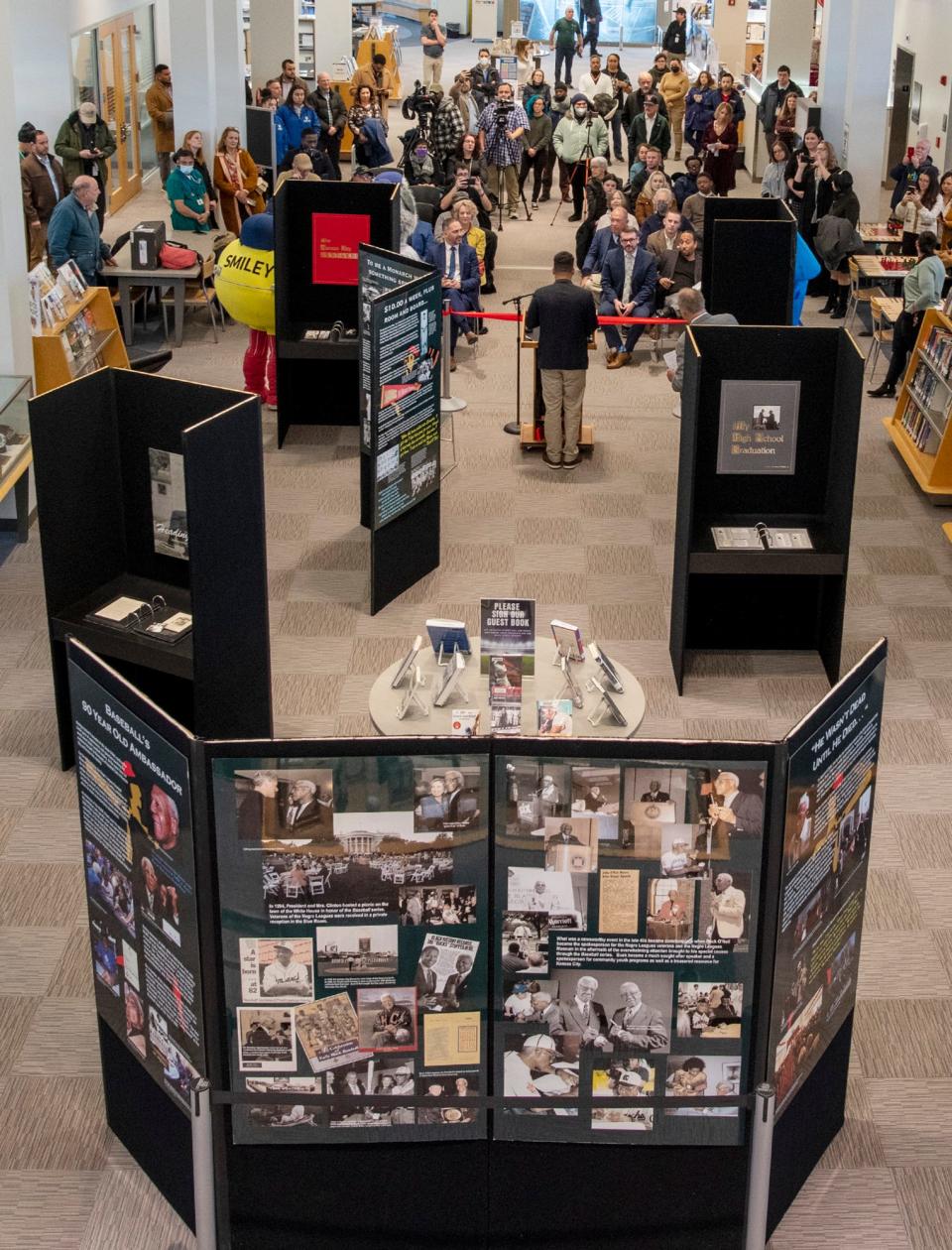 An exhibit on loan from the Negro Leagues Baseball Museum opened at the Worcester Public Library Wednesday. The display highlights the life of baseball player, scout and coach Buck O’Neil.