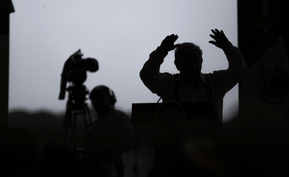 Mexican President Andres Manuel Lopez Obrador gives a speech at a military nature reserve during an event with El Salvadorian President Nayib Bukele, not in picture, near the border town of Tapachula, Mexico, Thursday, June 20, 2019. Lopez Obrador met with El Salvador's president to discuss a development plan that aims to slow a surge of mostly Central American migrants toward the U.S. border. (AP Photo/Oliver de Ros)