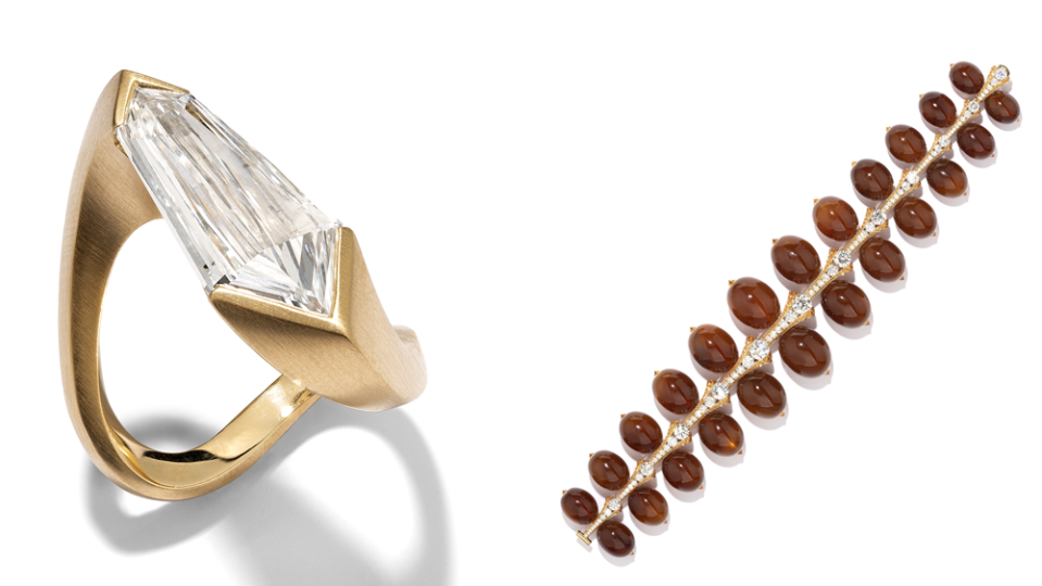 G Kite Diamond Bullet Ring and Cabochon Amber, Diamond and Sapphire Bracelet