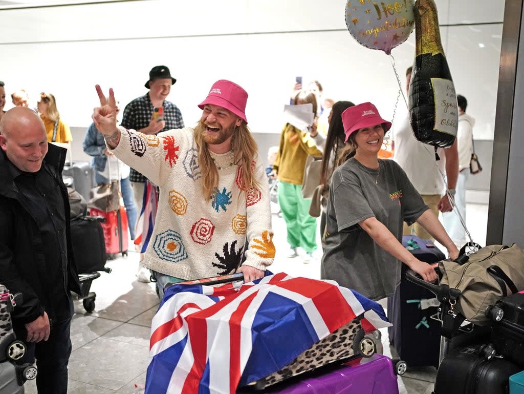 Sam Ryder arrives at Heathrow Airport after finishing second in the final of the Eurovision Song Contest in Italy (Dominic Lipinski/PA) (PA Wire)