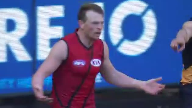 Essendon skipper Brendon Goddard can't believe it. Image: FoxFooty