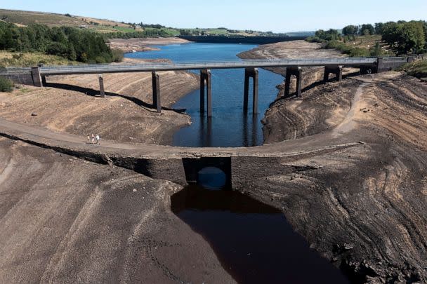 PHOTO: Low water levels at the reservoir have revealed the remains of the ancient road flooded to build the reservoir in the 1950s. (Jon Super/AP)