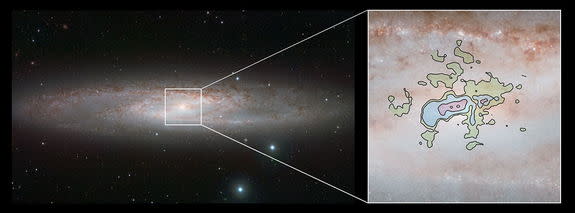 This comparison picture of the nearby bright spiral galaxy NGC 253, also known as the Sculptor Galaxy, shows the infrared view from ESO’s VISTA Telescope (left) and a detailed new view of the cool gas outflows at millimeter wavelengths from ALM