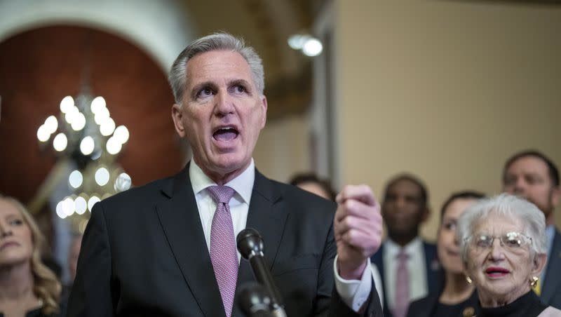 House Speaker Kevin McCarthy, R-Calif., joined at right by Rep. Virginia Foxx, R-N.C., chair of the House Education Committee, talks to reporters after the House narrowly passed the “Parents’ Bill of Rights Act,” at the Capitol in Washington, March 24, 2023.