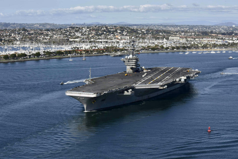 The aircraft carrier USS Theodore Roosevelt (CVN 71) leaves its San Diego homeport Jan. 17, 2020. (U.S. Navy photo by Mass Communication Specialist Seaman Dylan Lavin via Getty Images)