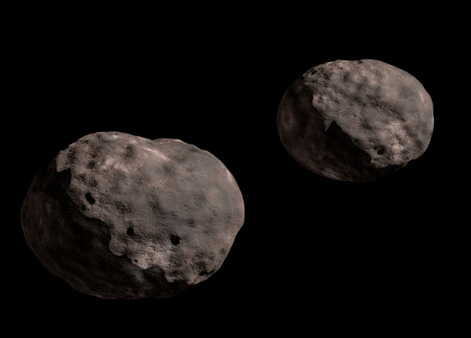 An illustration of two lumpy, bumpy asteroids orbiting each other against the blackness of space.