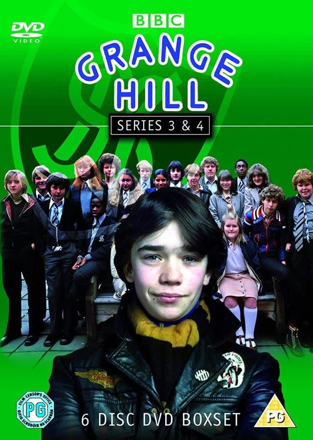 grange hill dvd cover with a large young todd carty in front of the cast against a harsh green background