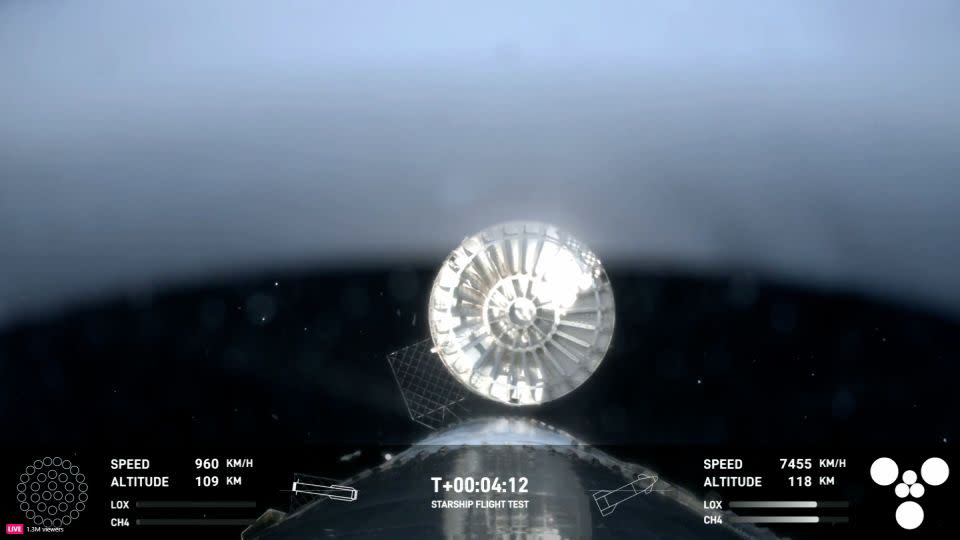 The hot stage can be seen releasing from the Starship vehicle shortly after launch on Thursday. - SpaceX