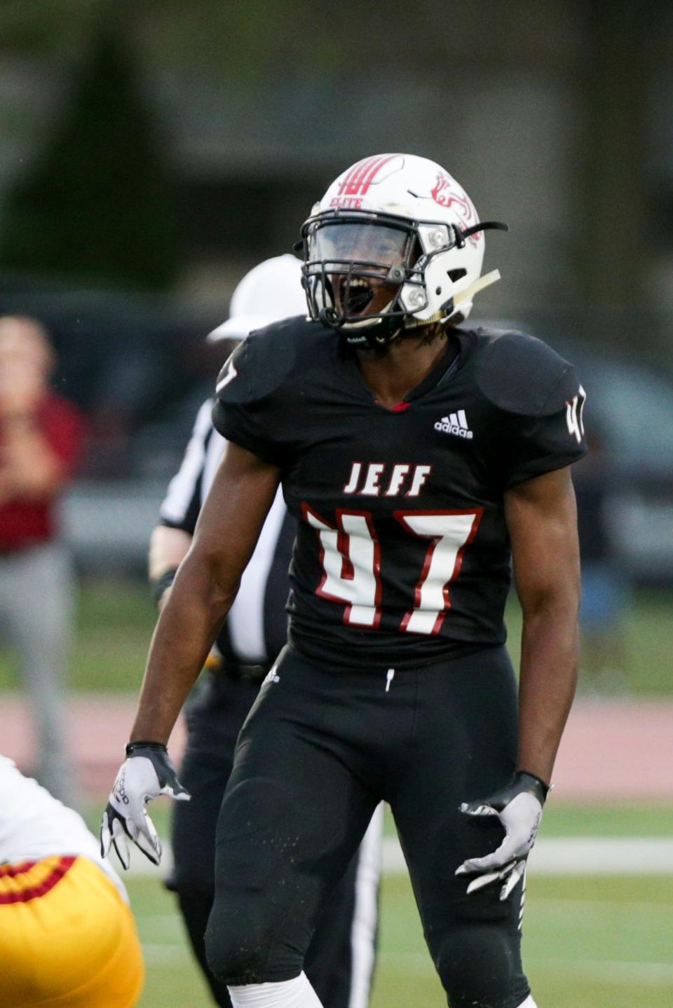 Lafayette Jeff's JoJo Houston (47) reacts after sacking McCutcheon's Ethan Smith (1) for the second time during the first quarter of an IHSAA football game, Friday, Sept. 3, 2021 in Lafayette.