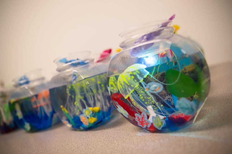 Bowls with water wait to become home to students' robotic fish at Camp Invention at Windsor Park Elementary School on Thursday, June 16, 2022.