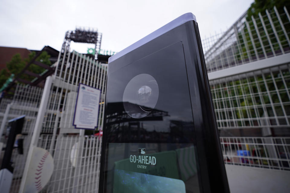 A facial scan camera is seen at Citizens Bank Park before a baseball game between the Los Angeles Angels and the Philadelphia Phillies, Tuesday, Aug. 29, 2023, in Philadelphia. The Phillies ballpark is the site of an MLB pilot program that allows ticketed fans to walk into the stadium just through facial recognition. (AP Photo/Matt Slocum)