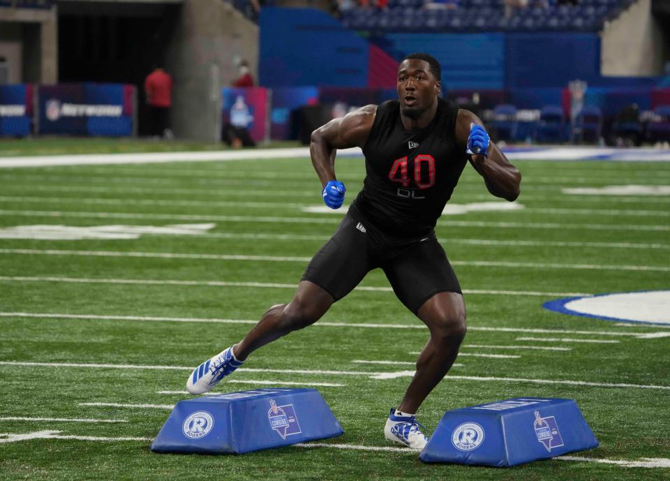 Canton McKinley High School graduate Dominique Robinson goes through drills during the NFL combine, March 5, 2022, in Indianapolis.