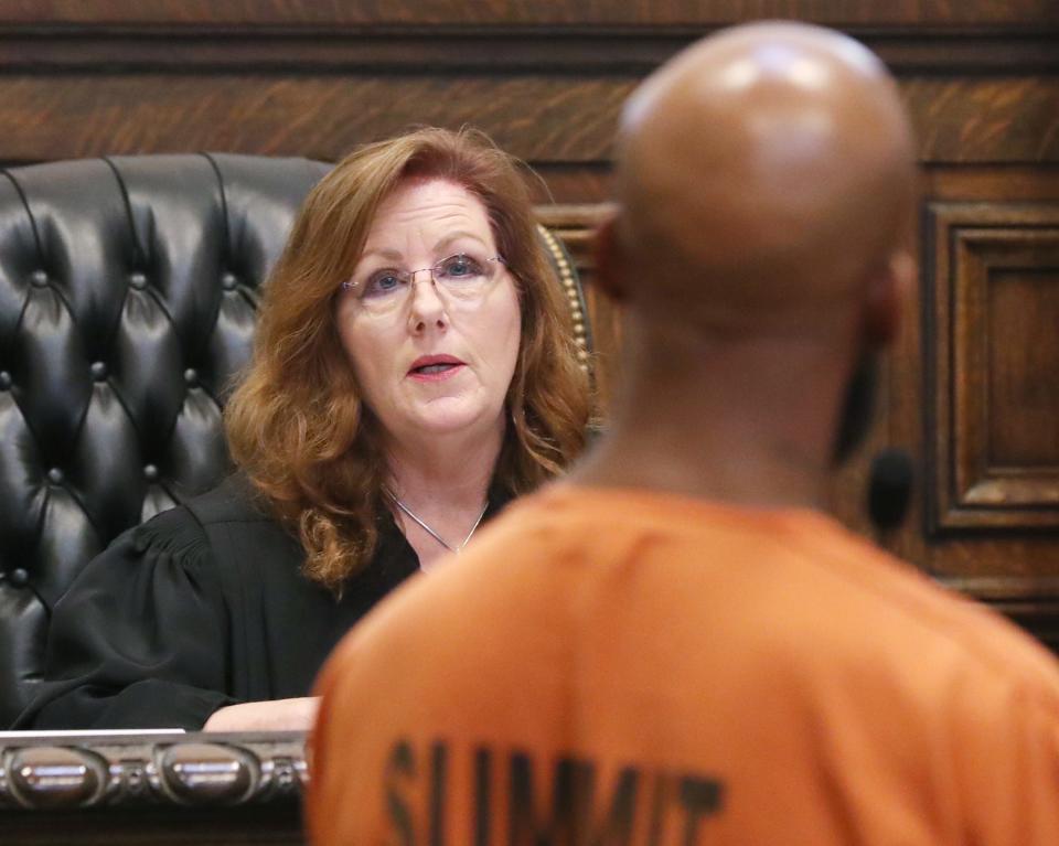 Summit County Common Pleas Judge Alison McCarty addresses Reginald Carter prior to his sentencing in her courtroom in Akron. Carter was sentenced to 22 to 26 years for a July 2021 shooting in Springfield Township where two 18 year men where shot.