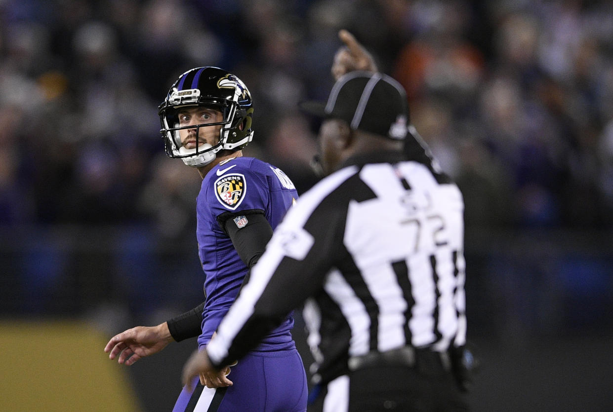 Justin Tucker’s key missed extra point cost the Ravens a chance to take the Saints to overtime. (AP)