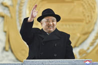 In this photo provided by the North Korean government, North Korean leader Kim Jong Un waves his hand as he looks at a military parade at Kim Il Sung Square in Pyongyang, North Korea, Wednesday, Feb. 8, 2023. Independent journalists were not given access to cover the event depicted in this image distributed by the North Korean government. The content of this image is as provided and cannot be independently verified. Korean language watermark on image as provided by source reads: "KCNA" which is the abbreviation for Korean Central News Agency. (Korean Central News Agency/Korea News Service via AP)