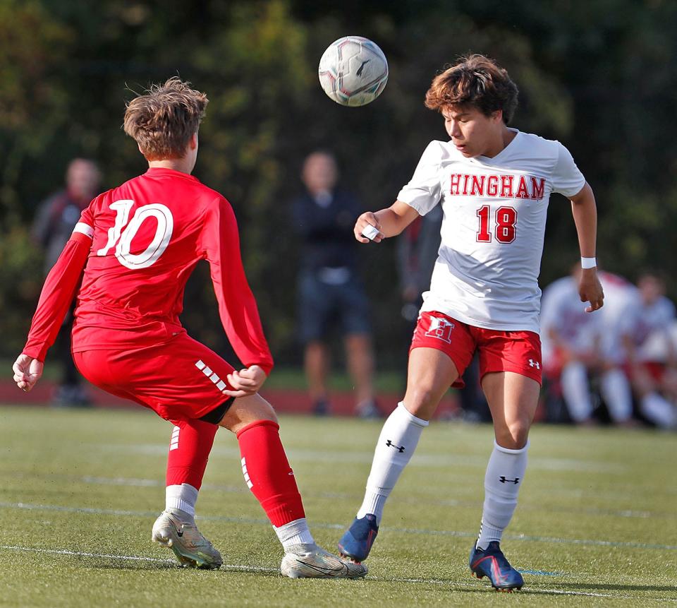 Titan #10 Quinn Reilly and Harbormen #18 Alessandro Neyra exchange turns heading the ball.

Pembroke hosted Hingham boys soccer on Tuesday, Oct. 10, 2023