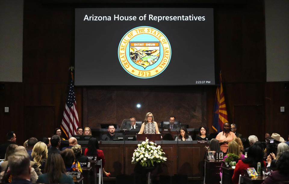 Arizona Gov. Katie Hobbs gives her State of the State speech to start the 2024 legislative session in Phoenix on Jan. 8, 2024.