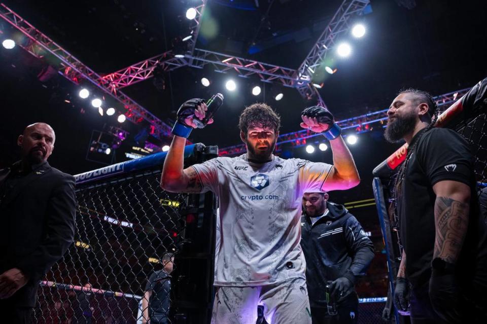 Philipe Lins of Brazil celebrates after defeating Ion Cutelaba from Moldova fights during their light heavyweight title match during the UFC 299 event at the Kaseya Center on Saturday, March 9, 2024, in downtown Miami, Fla. MATIAS J. OCNER/mocner@miamiherald.com