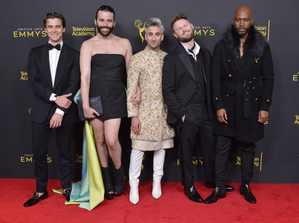 (L-R) Antoni Porowski, Jonathan Van Ness, Tan France, Bobby Berk and Karamo Brown at the 2019 Creative Arts Emmy Awards - Day 1 Press Room held at the Microsoft Theater in Los Angeles,, CA on Saturday, September 14, 2019. (Photo By Sthanlee B. Mirador/Sipa USA)