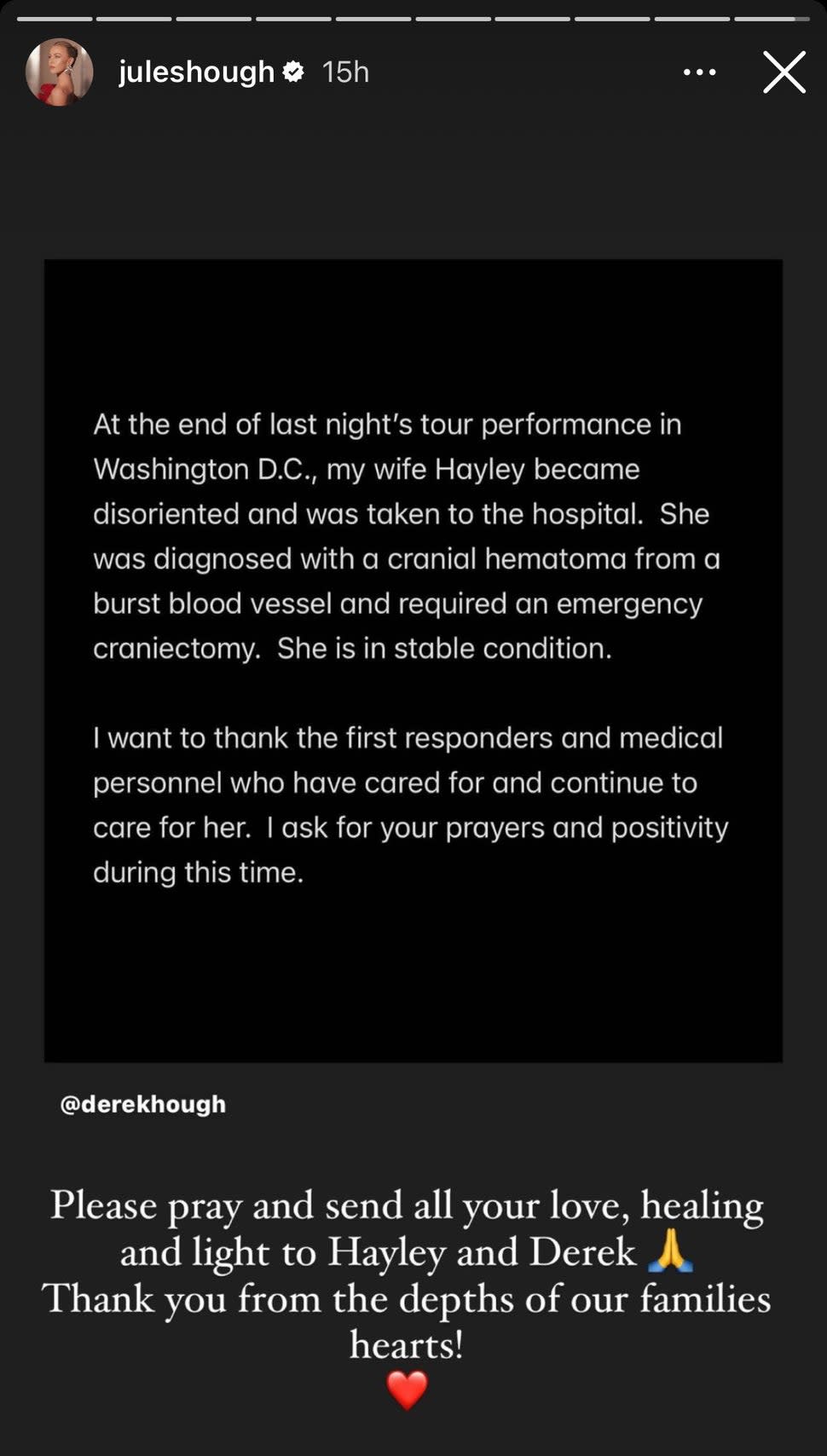 Julianne Hough Instagram Hayley Erbert Medical Emergency