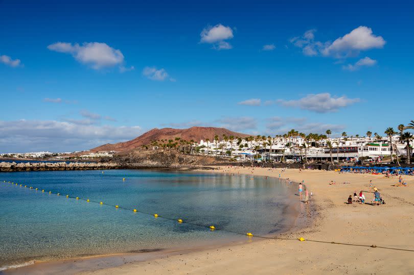 A beach in Lanzarote with golden sand to the right and crystal clear seawater to the left.