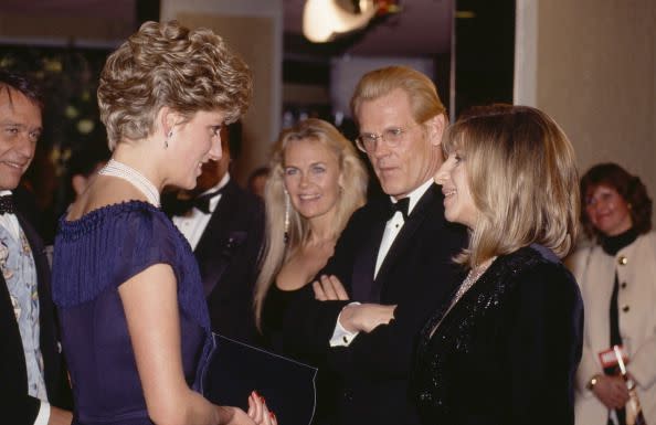 <p>A simple, yet elegant, velvet embroidered jacket was Barbra Streisand's outfit of choice when meeting Princess Diana at the premiere of <em>The Prince of Tides.</em></p>