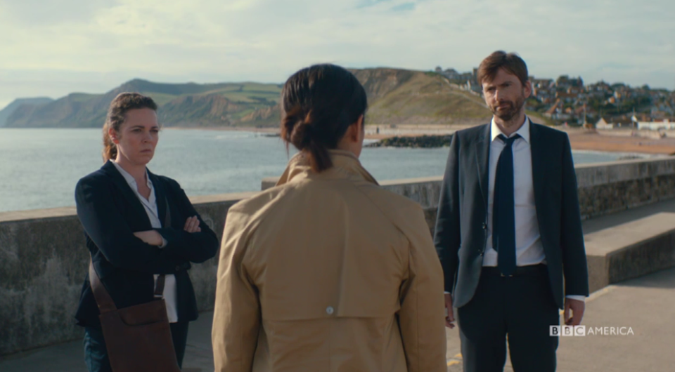 Miller (Olivia Colman) and Hardy (David Tennant) are not happy with DS Katie Harford. (Georgina Campbell) (Photo: BBC America)