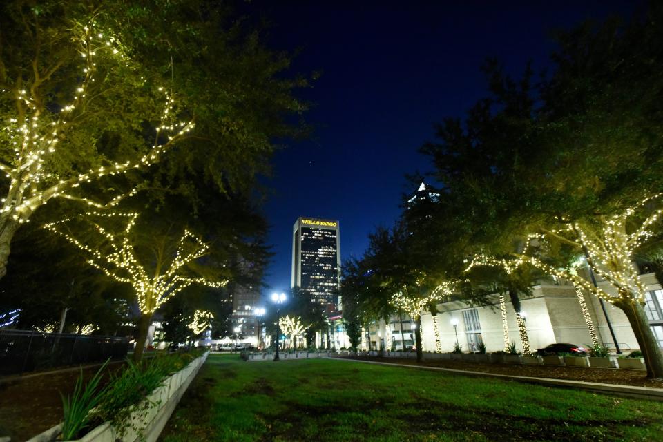 Trees decorated with lights in Main Street Park are part of the Christmas in the Cathedral District display.