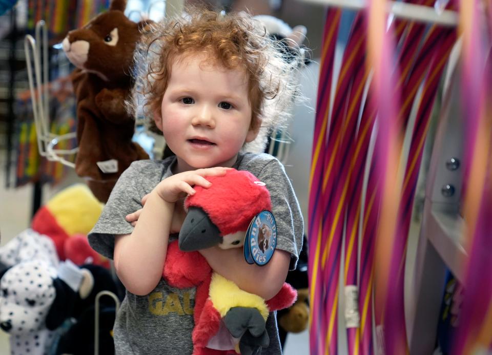 Lilly Simpson, 2, of Grandview Heights pets a parrot puppet while shopping with her mom and sisters at Star Beacon Products on Tuesday.