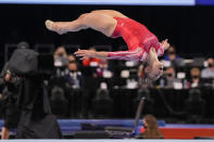 Grace McCallum competes in the floor exercise during the women's U.S. Olympic Gymnastics Trials Sunday, June 27, 2021, in St. Louis. (AP Photo/Jeff Roberson)