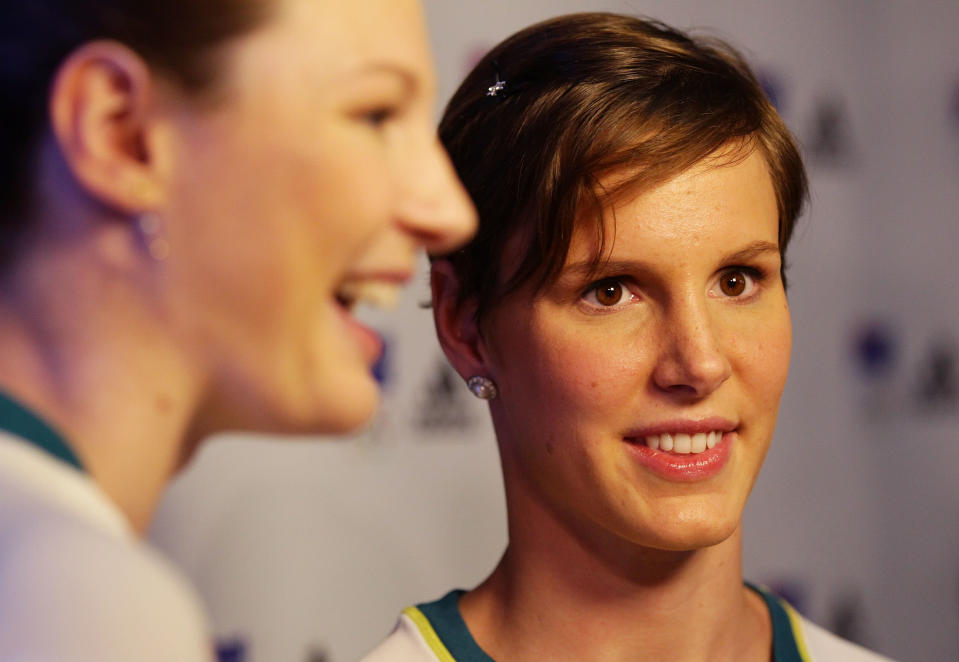 SYDNEY, AUSTRALIA - MARCH 28: Australian Olympic Athletes and sisters Cate Campbell (L) and Bronte Campbell (R) speak to the media during the adidas 2012 Australian Olympic Games competitor uniform launch at Sydney Olympic Park Sports Centre on March 28, 2012 in Sydney, Australia. (Photo by Matt King/Getty Images)