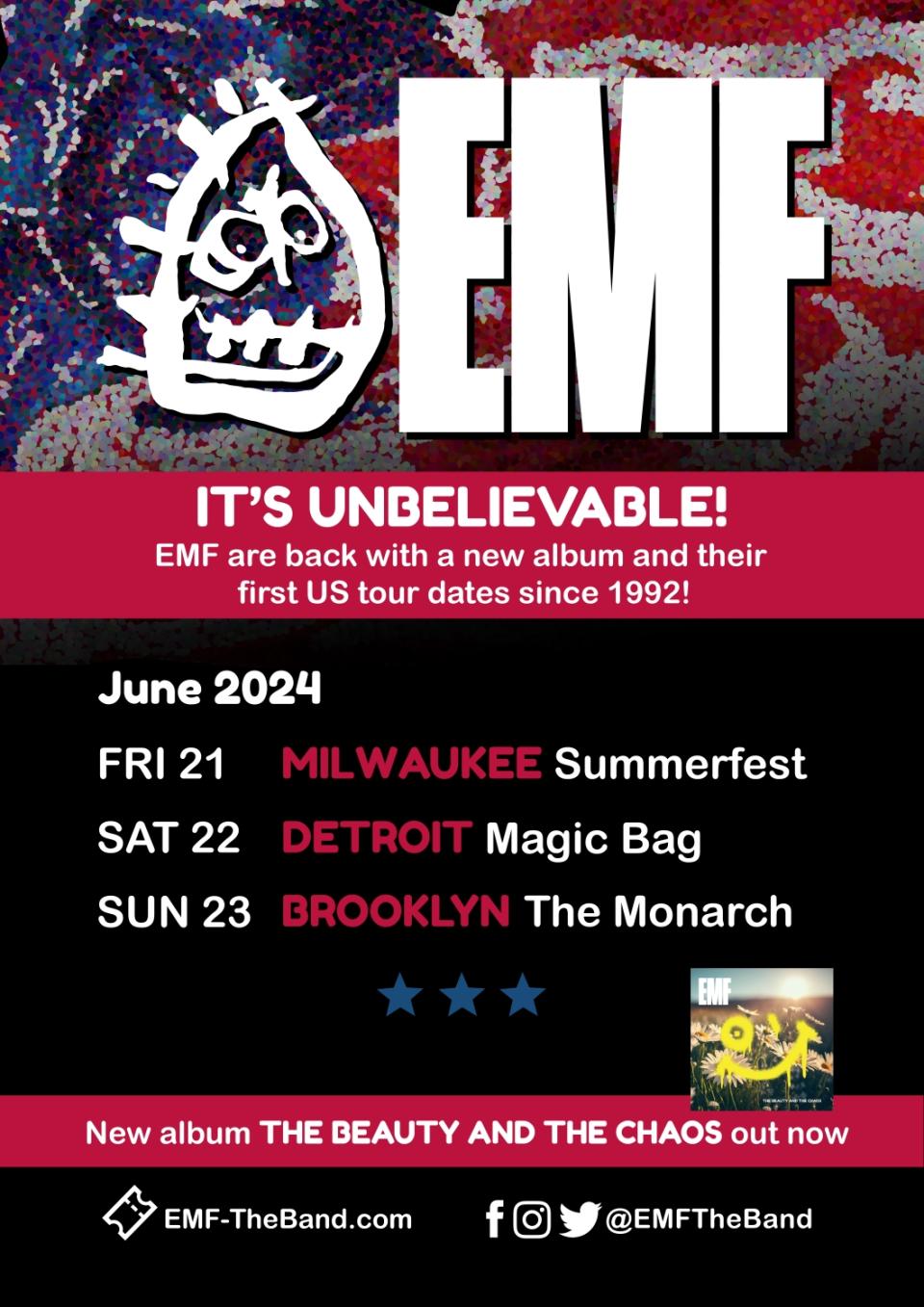 EMF 2024 US tour dates poster Milwaukee Detroit Brooklyn New York June tickets The Beauty and the Chaos 32 years 1992