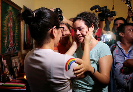 Maria Adilia Peralta, who according to local media was arrested for participating in a protest against Nicaraguan President Daniel Ortega's government, embraces a relative after being released from La Esperanza Prison, in Masaya, Nicaragua May 20, 2019.REUTERS/Oswaldo Rivas