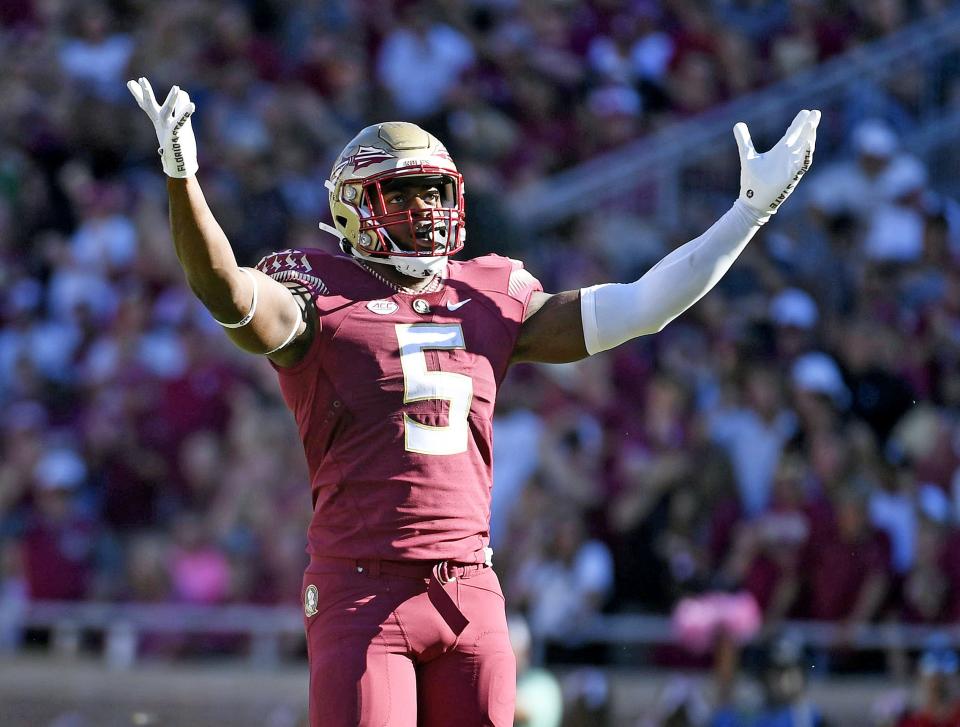 Oct 1, 2022; Tallahassee, Florida, USA; Florida State Seminoles defensive end Jared Verse (5) celebrates a sack during the first half against the Wake Forest Demon Deacons at Doak S. Campbell Stadium. Mandatory Credit: Melina Myers-USA TODAY Sports