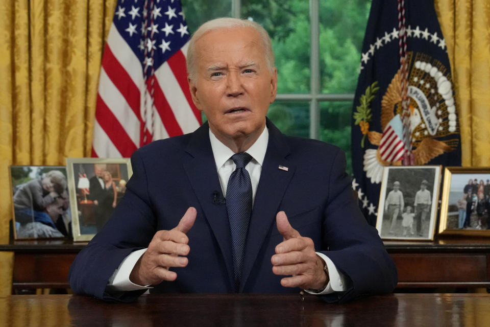 U.S. President Joe Biden delivers an address to the nation from the Oval Office of the White House in Washington, DC on July 14, 2024.    Erin Schaff/Pool via REUTERS