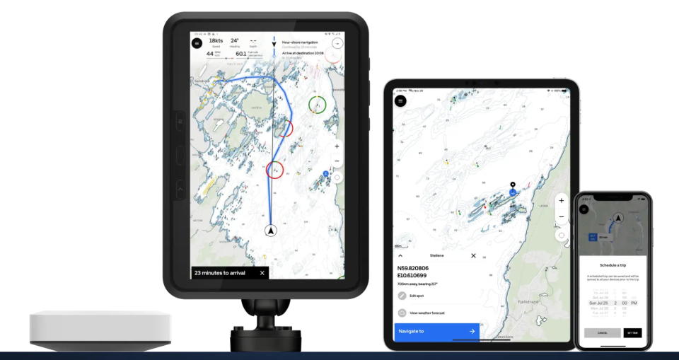 Several devices showing the Orca chart-plotting interface.