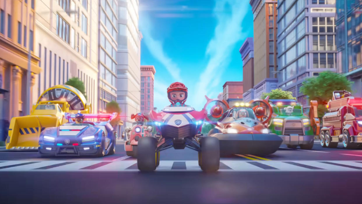  The Paw Patrol on the streets in Paw Patrol: The Mighty Movie. 