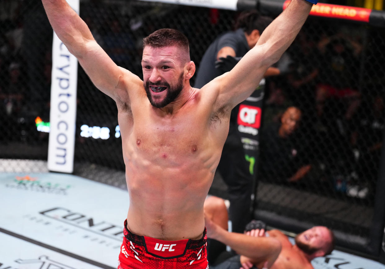 LAS VEGAS, NEVADA - SEPTEMBER 23: Mateusz Gamrot of Poland reacts after his victory over Rafael Fiziev of Kazakstan in a lightweight fight during the UFC Fight Night event at UFC APEX on September 23, 2023 in Las Vegas, Nevada. (Photo by Chris Unger/Zuffa LLC via Getty Images)