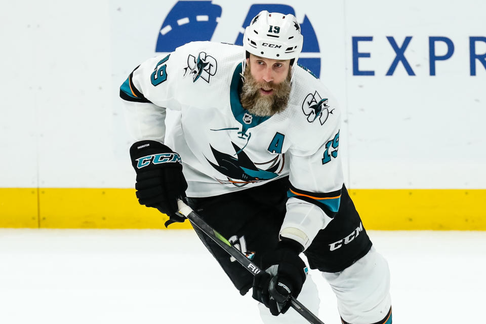 ST. LOUIS, MO - MAY 17:  San Jose Sharks' Joe Thornton looks to make a play with the puck during the second period of Game 4 of the NHL hockey Stanley Cup Western Conference final series between the St. Louis Blues and the San Jose Sharks on May 17, 2019, at the Enterprise Center in St. Louis, MO.  (Photo by Tim Spyers/Icon Sportswire via Getty Images)
